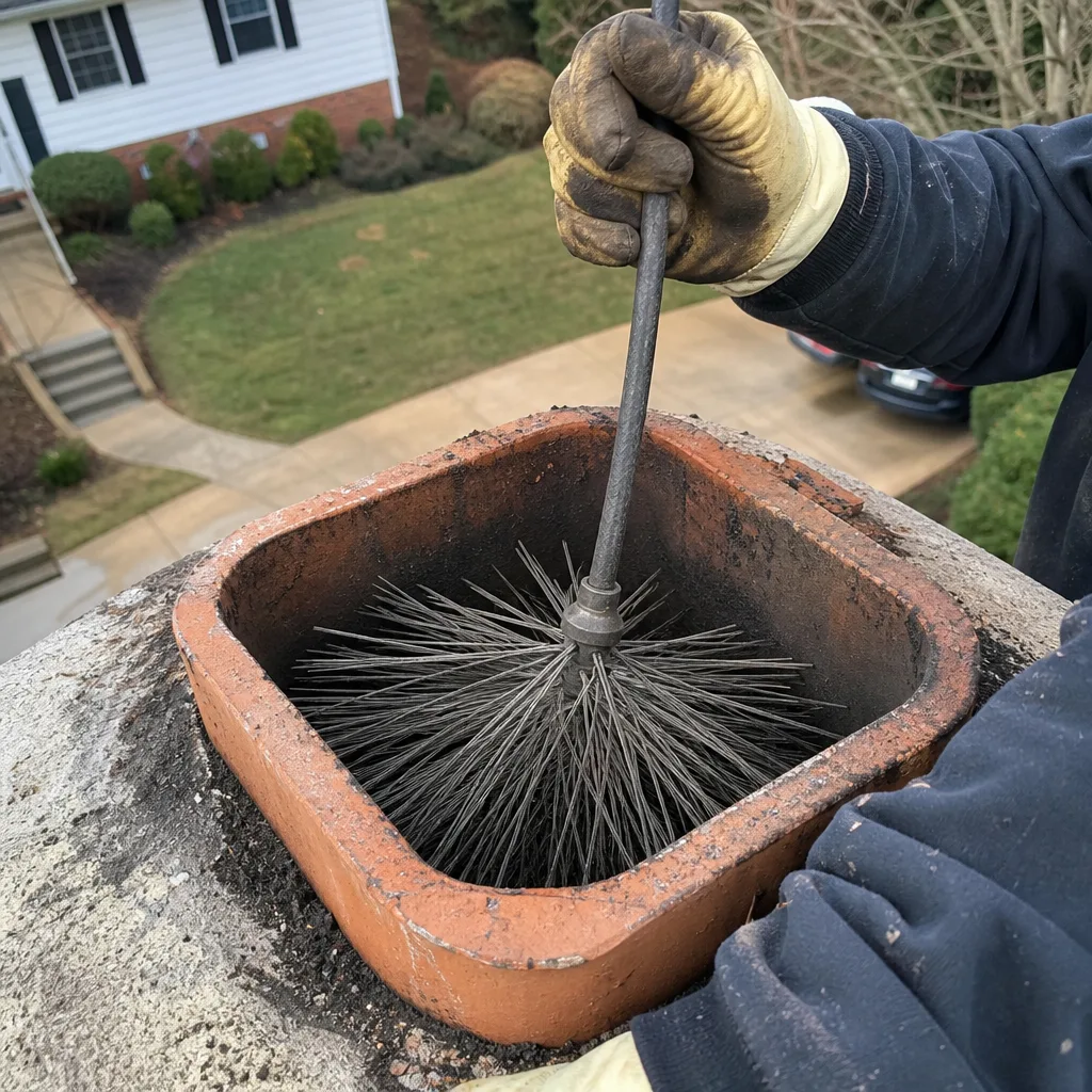 Professional chimney sweep cleaning a fireplace flue with a wire brush