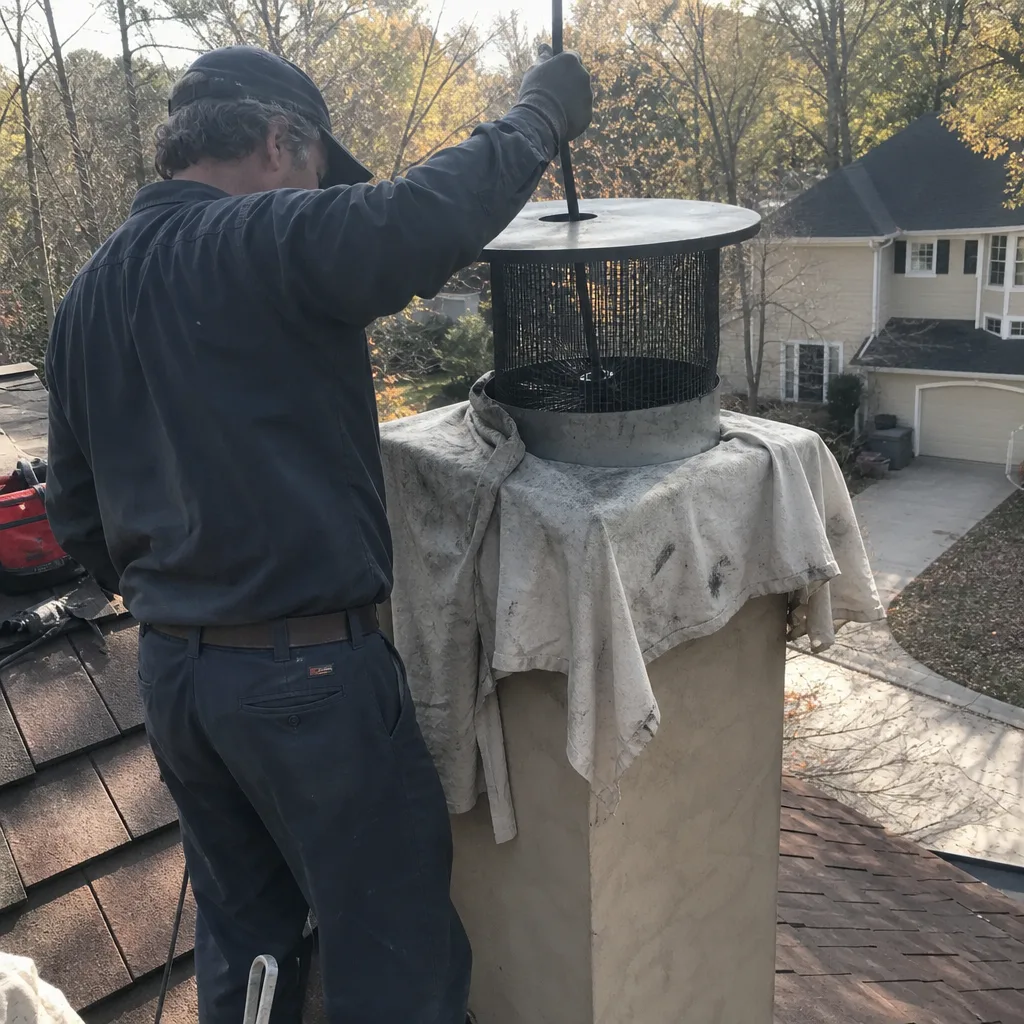 Professional chimney sweep performing routine chimney cleaning on a residential rooftop