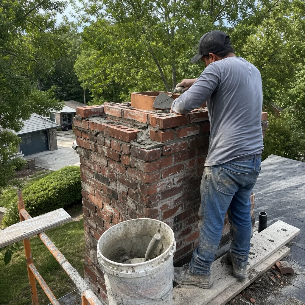 Professional mason performing expert chimney repair and brickwork maintenance