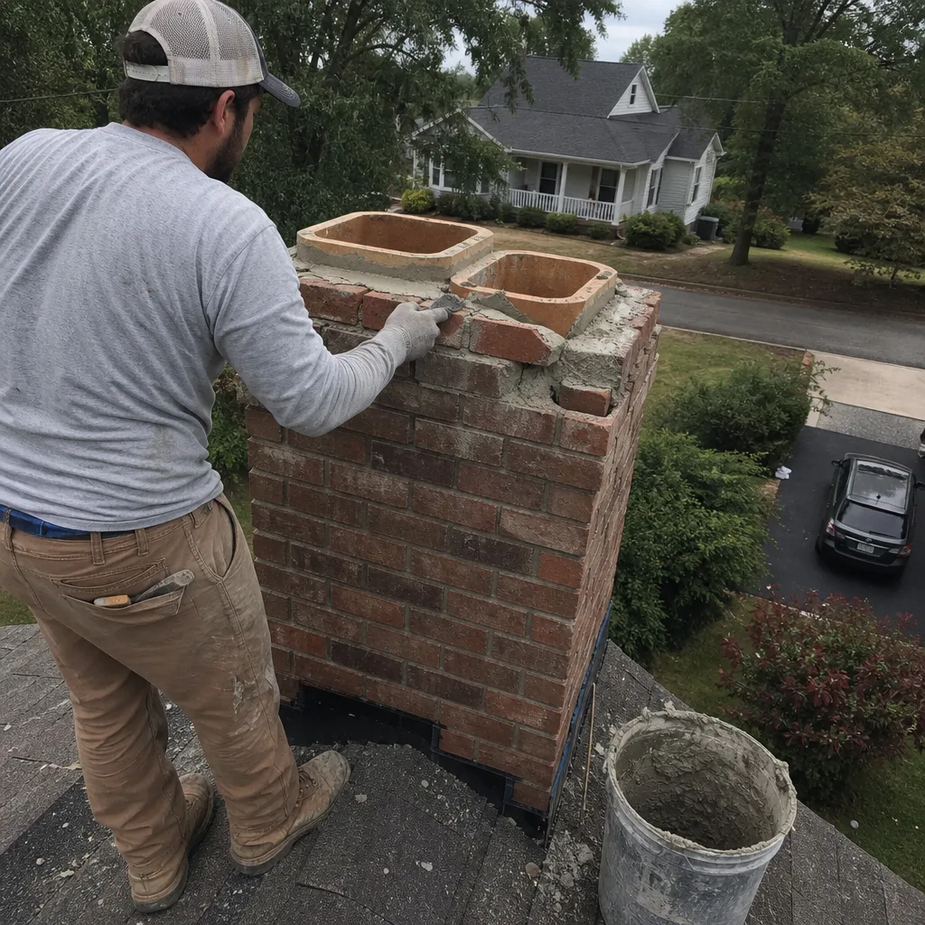 Professional mason performing chimney brick repair and tuckpointing on a residential roof