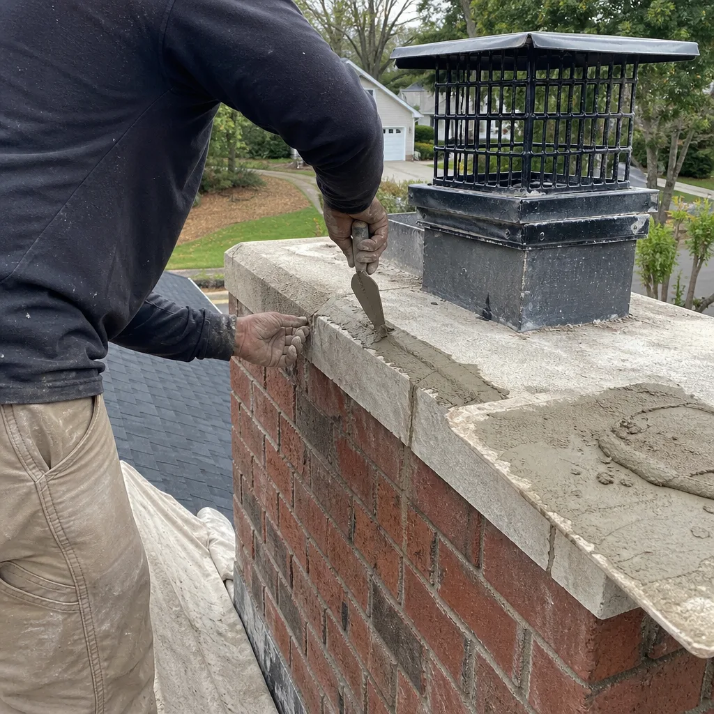 Technician applying mortar to repair a brick chimney crown